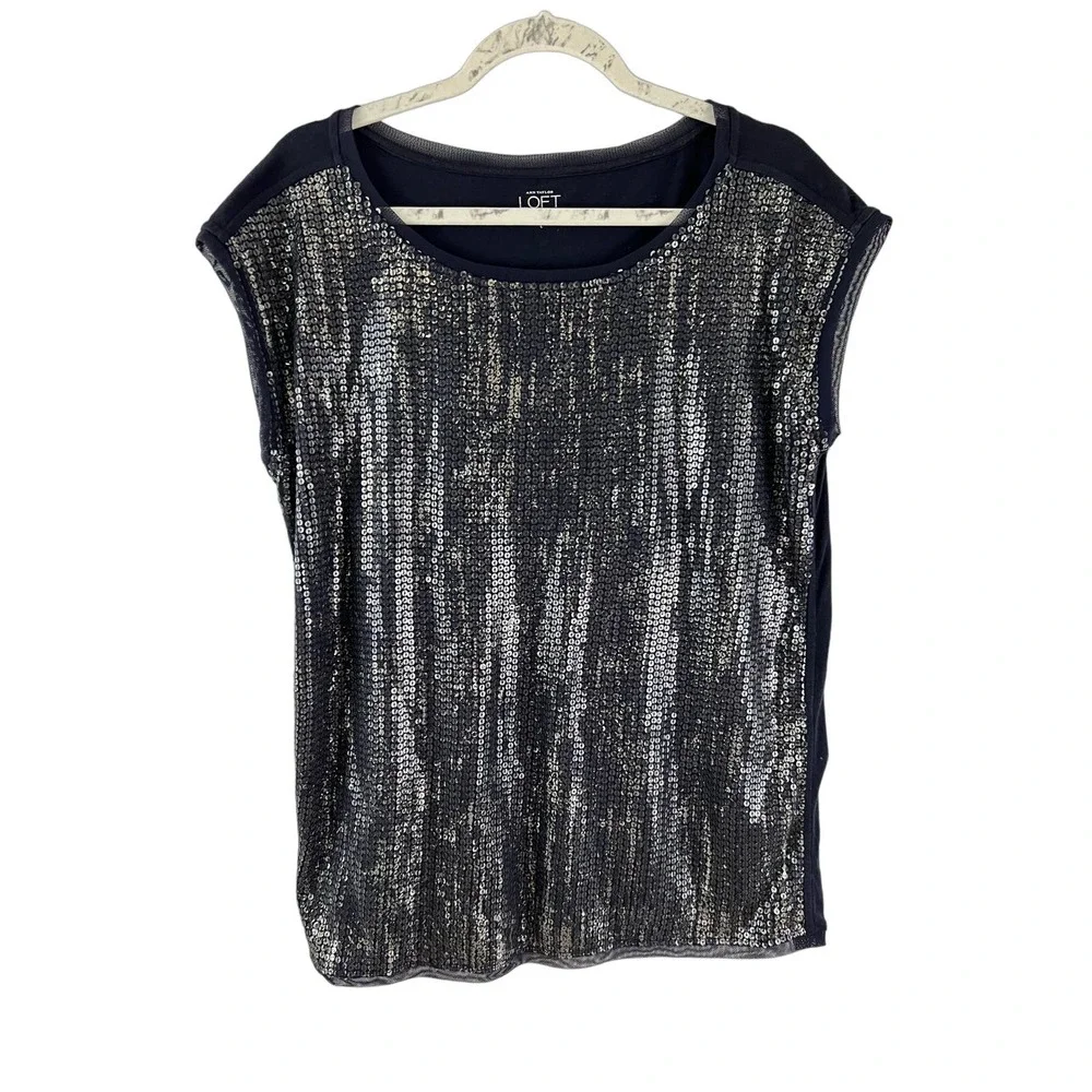 Ann Taylor LOFT Silver Black Short Sleeve Top Round Neck Short Sleeve Sz Large - Picture 1 of 6